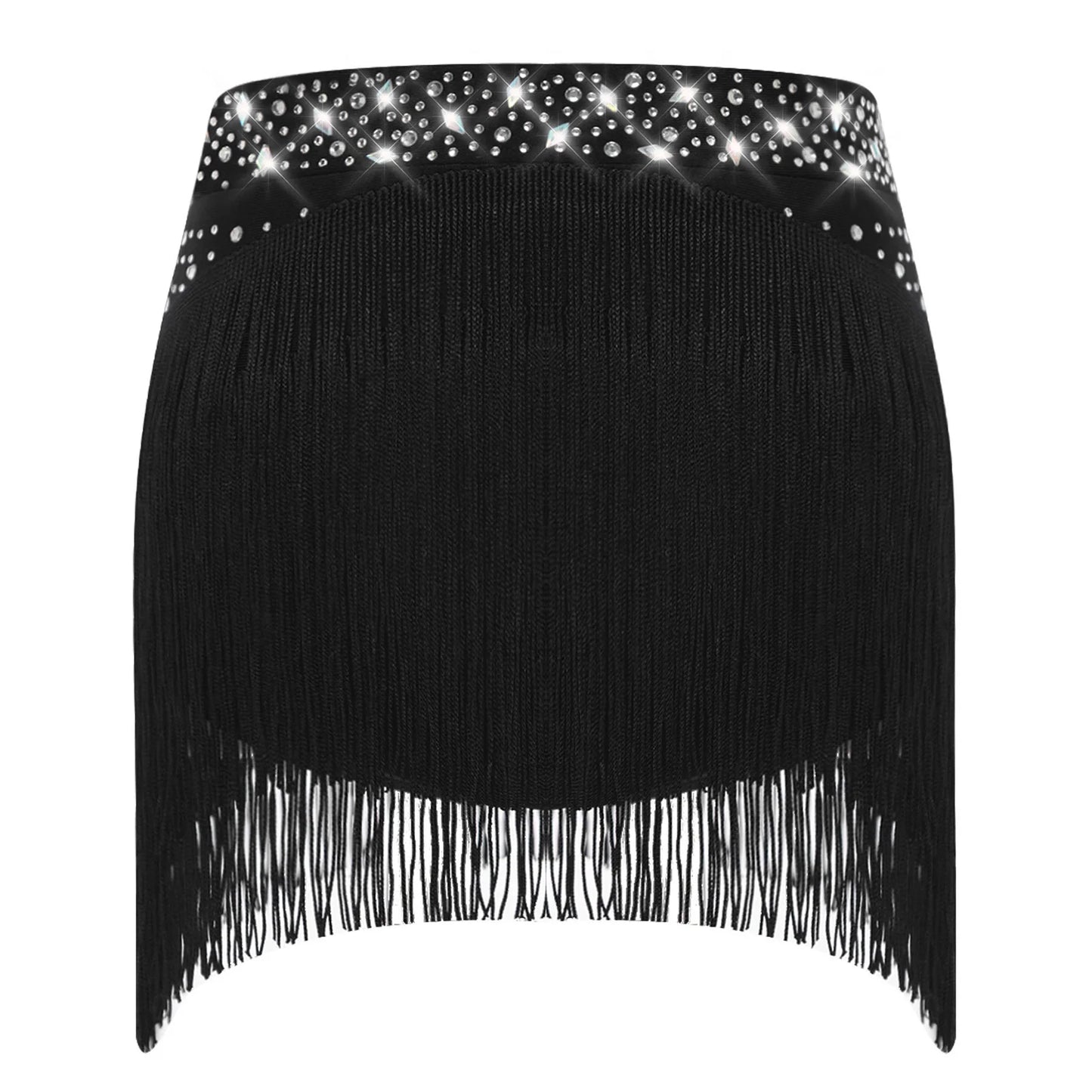 Girls Sparkly Sequins Latin Jazz Tango Dance Skirts Elastic Waistband Fringe Skirt with Safety Shorts Dance Performance Costumes