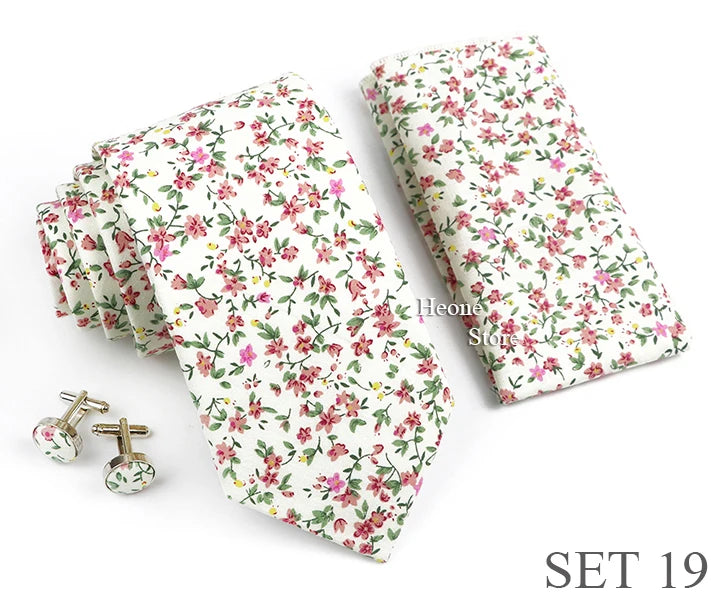 Hot Sell 3PC Chic Elegant Floral Tie Set Pocket Square Cufflinks For Men Women Wedding Party Dinner Suit Tuxedo Accessory Gift