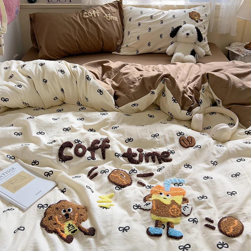 Cartoon Animal Embroidery Bedding Set For Adults Kids Cute Flat Fitted Sheet With Pillowcases Washed Cotton Colorful Full Size