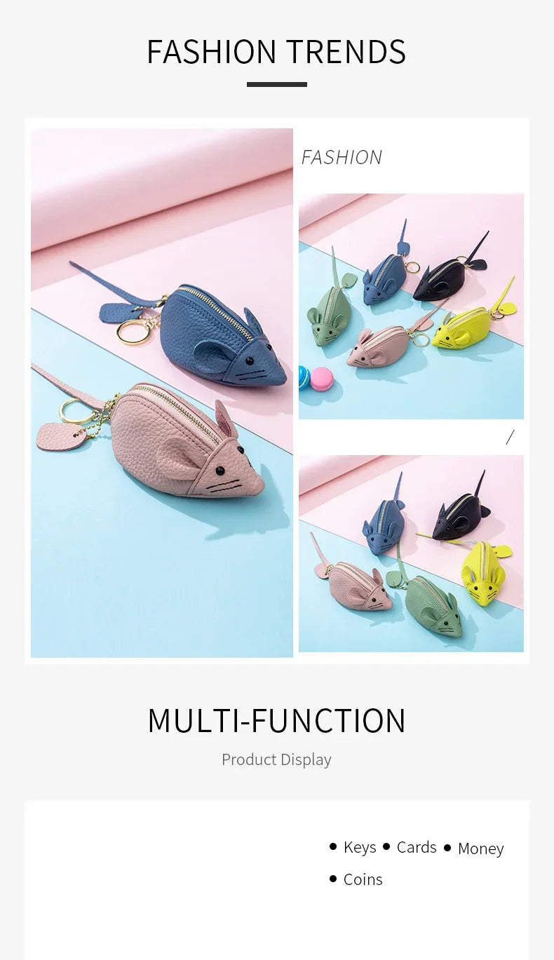 Women's Leather Mini Coin Pouch - Cute Mouse Keyring Lipstick Clutch Bag with Pendant Charm for Gift Essentials