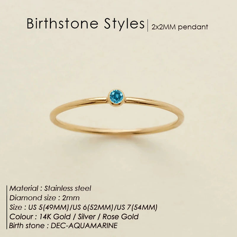 14K Gold Plated Stainless Steel Birthstone Ring for Women Tiny Thin Stacking Ring Colorful Zircon Crystal Aesthetic Jewelry Gift