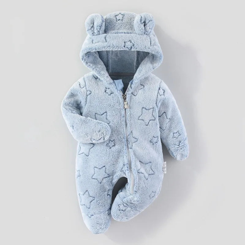 YBFSKID Autumn Winter Kids Boy Romper Star Jacquard Newborn Baby Girls Bodysuit Velvet Hooded Zipper Infant Girl Jumpsuit Outfit