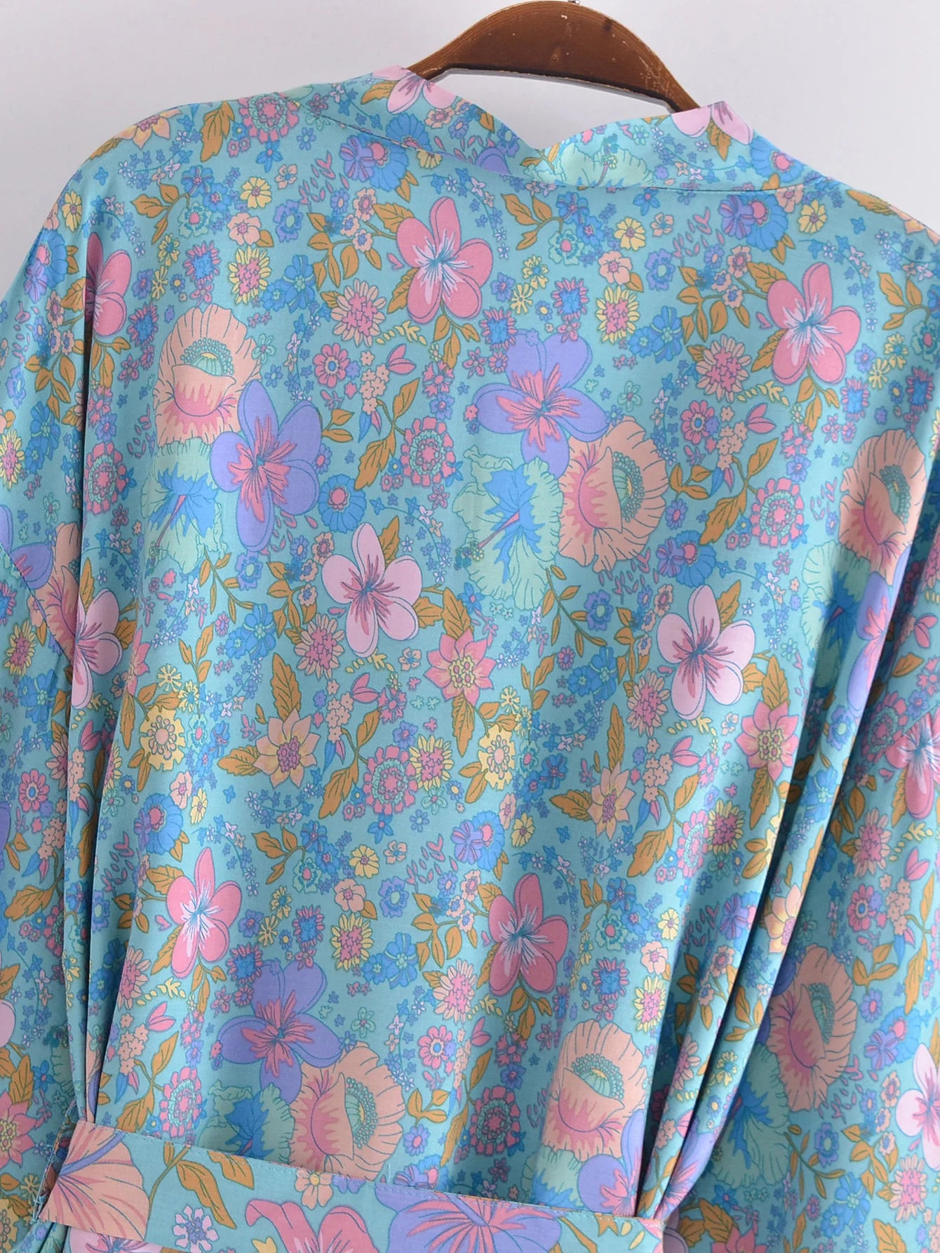 BOHO Women Blue With Pink Flower Print Kimono Shirt Holiday Tide Bow Sashes Mid Long Cardigan Summer Blouse Beach Cape