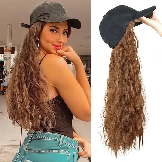24Inch Synthetic Long Kinky Curly Hair Extension Wigs Baseball Cap Hat  Adjustable One-piece Wigs for Women