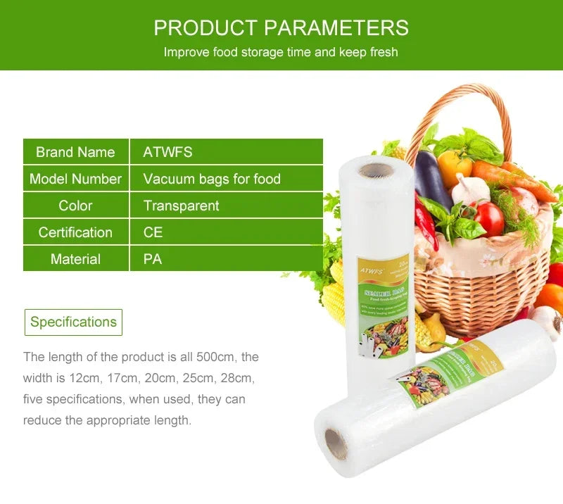 Vacuum Bag Packaging Food Vacuum Sealer Bags for Food Storage Keep Products Fresh Bag 12/17/20/25/28cm*500cm 1 Roll