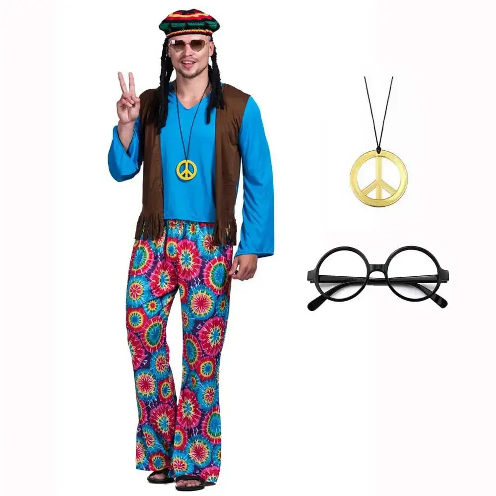 Halloween Costume d'Halloween pour Homme, Ensemble Pantalon, Chemise, Frange, Cadre en Verre, Collier, Chapeau Rasta, Dreadlocks