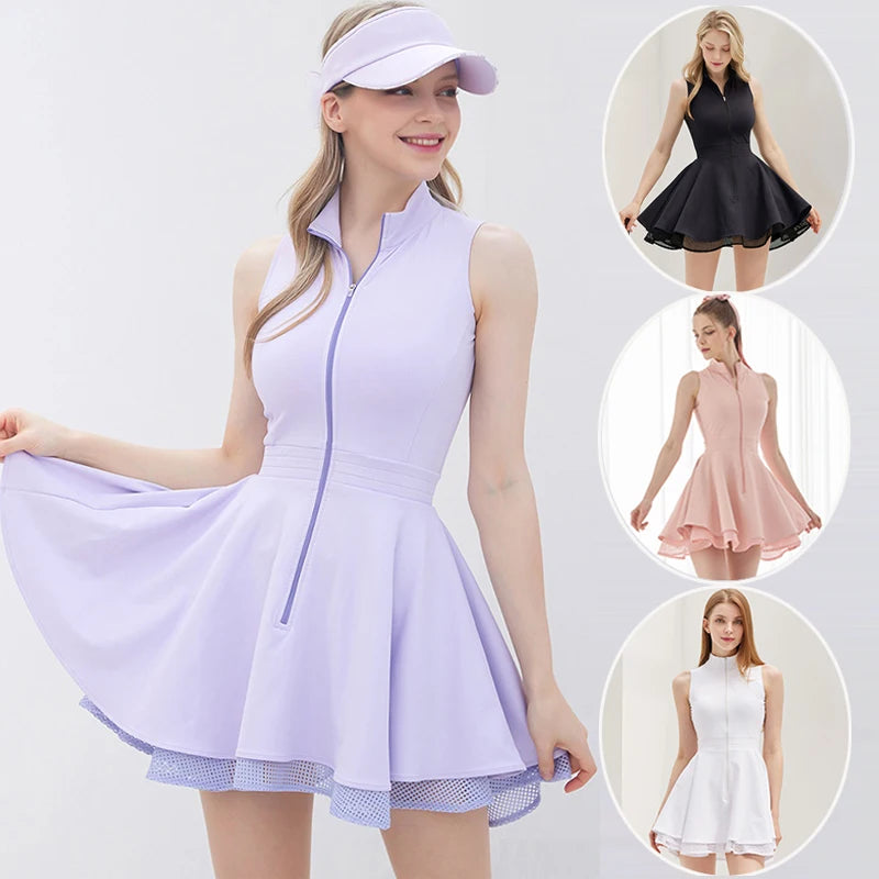 Fashion Tennis Golf Clothing Ladies Sleeveless Lace Sports Dress Quick Dry Half Zip Slim Dresses Woman Girls Sports Jersey Skirt