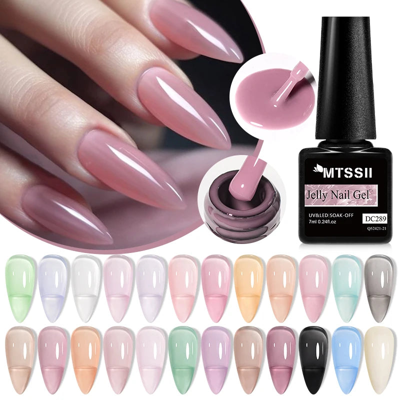 MTSSII 6Pcs/Set Jelly Gel Nail Polish Jelly Transparent Pink Green Black Blue UV Gel Nail Art Varnish Kit Spring Manicure Nails