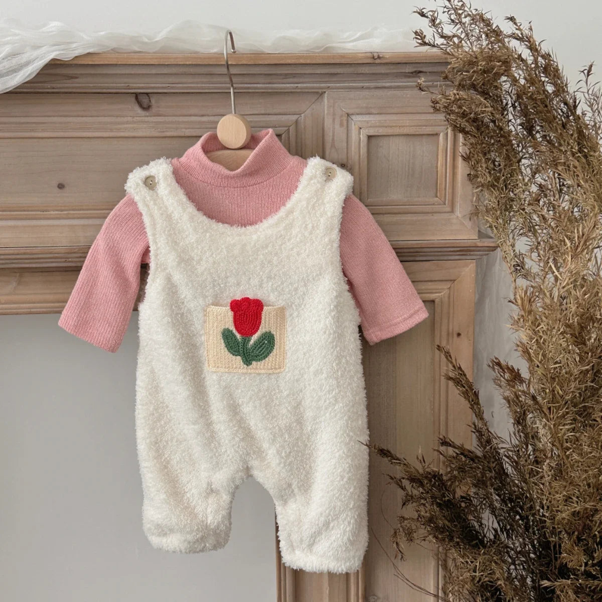 2Pcs Winter Autumn Toddler Baby Girls Clothes Flower Embroidered Plush Rompers+Pink Bottom Shirt Set Infant Warm Clothing Suits