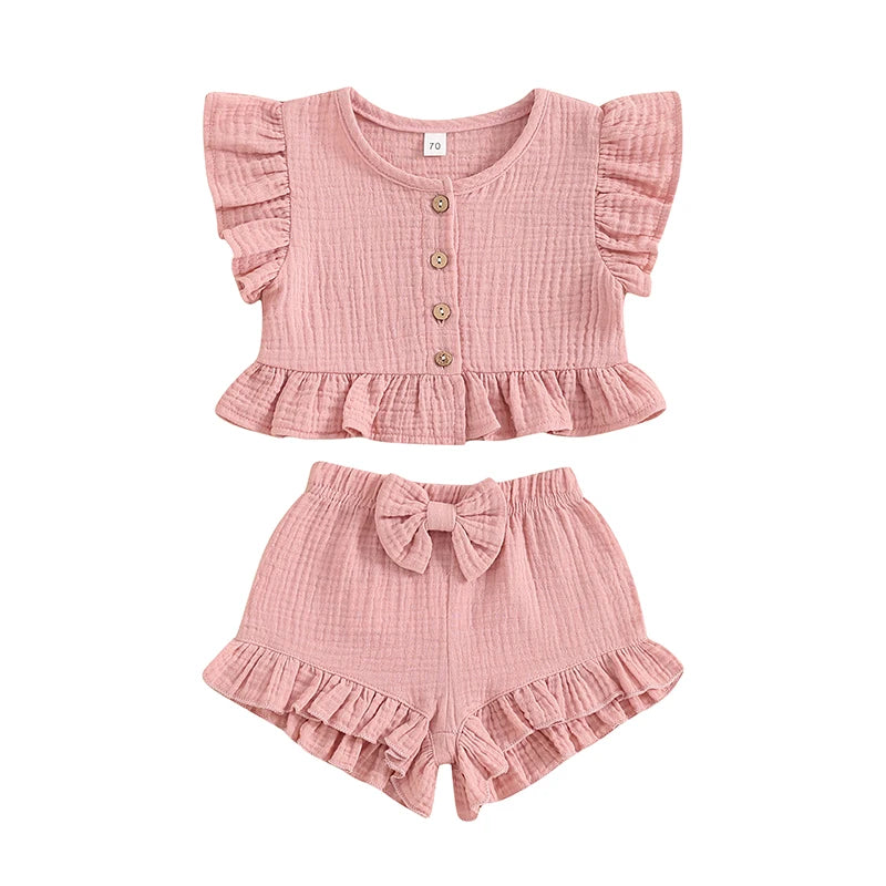 Pudcoco Little Girl 2 Piece Summer Set, Fly Sleeve Button Down Ruffled Tops Bow Elastic Waist Shorts Baby Toddler Set 6M-4T