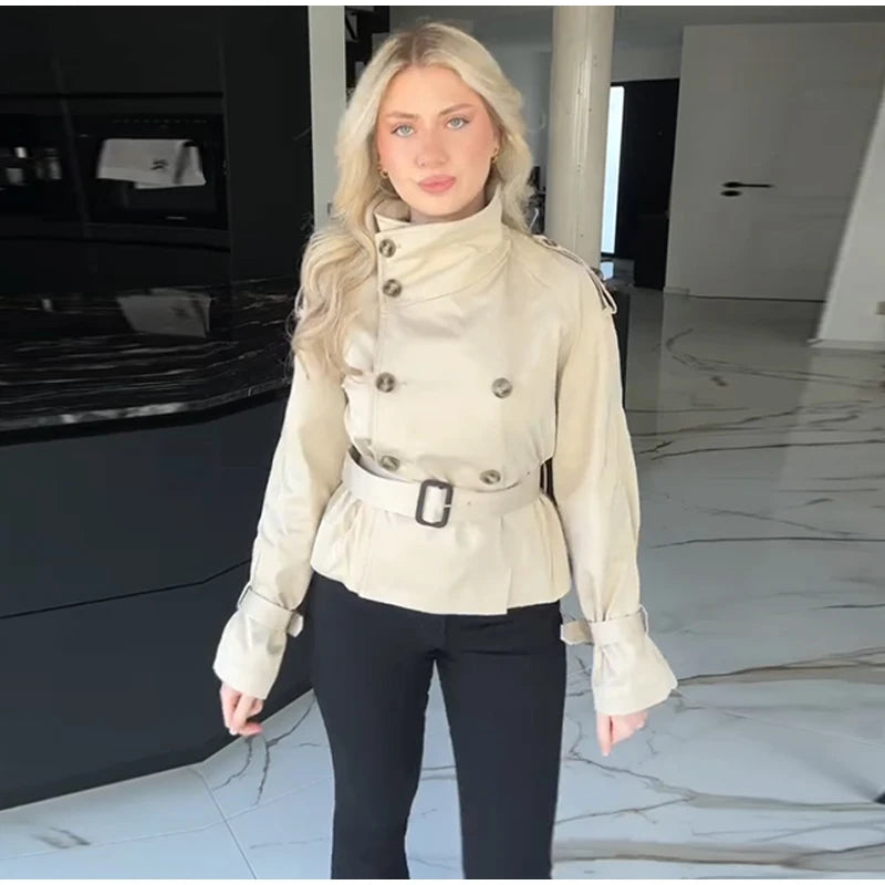 Fashion Women's Short Belt Jackets Long Sleeve Stand Collar Double Breasted Female Coat 2025 Autumn Lady Solid Outwear