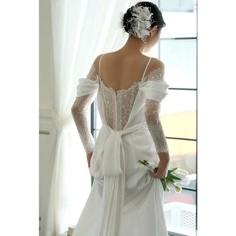 Wedding Dresses For Parties   Satin One Shoulder French Style New Suspender Simple Trailing Lace Dress