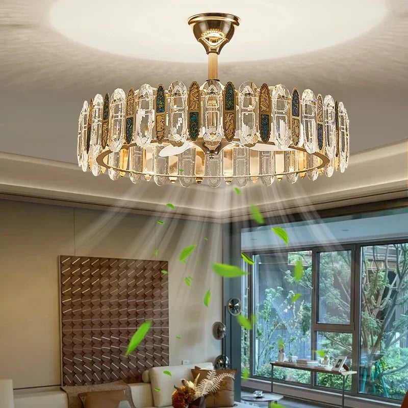 Crystal Ceiling Fan Lamp Modern Living Room Dining Room Remote Integrated Ceiling Fan Light Home Bedroom Study Silent Fan Lights