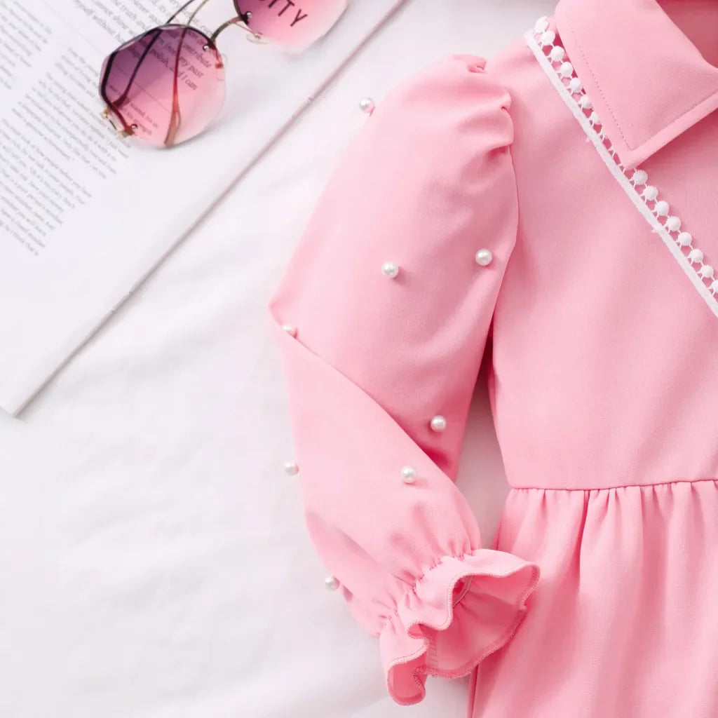 【Free Bag】 Pink Kids Girl Dress Summer Autumn Cute Long Sleeve Children Dress Casual Fashion Elegant Girls Clothes 3 4 5 6 7 Yrs