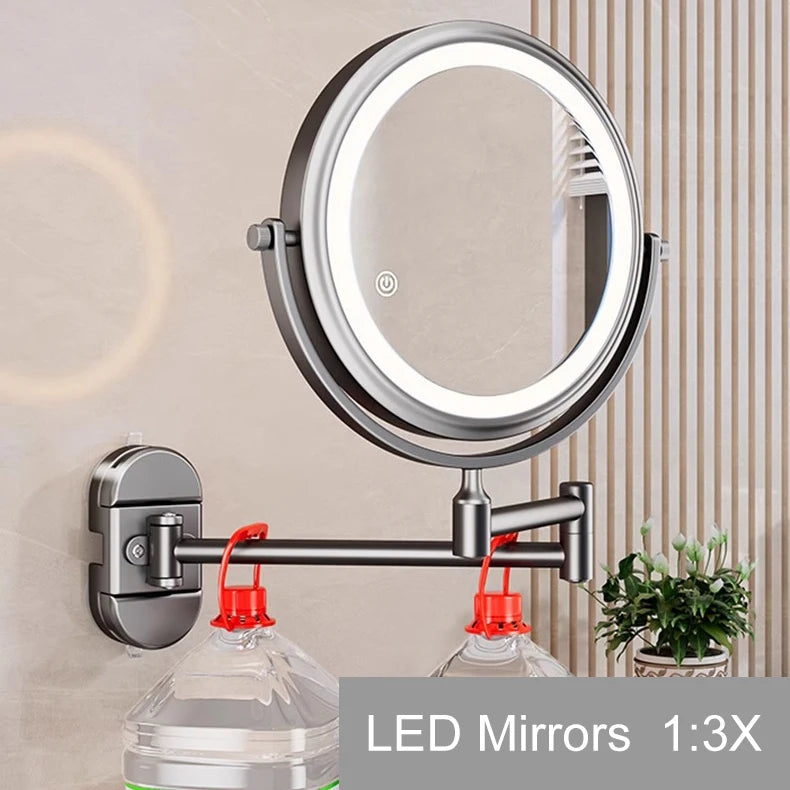 Self Priming Led Folding Bathroom Mirror Wall Mounted Light Bathroom Makeup Mirror 8 Inch 3X Magnifying Arm Extend Bath Mirrors