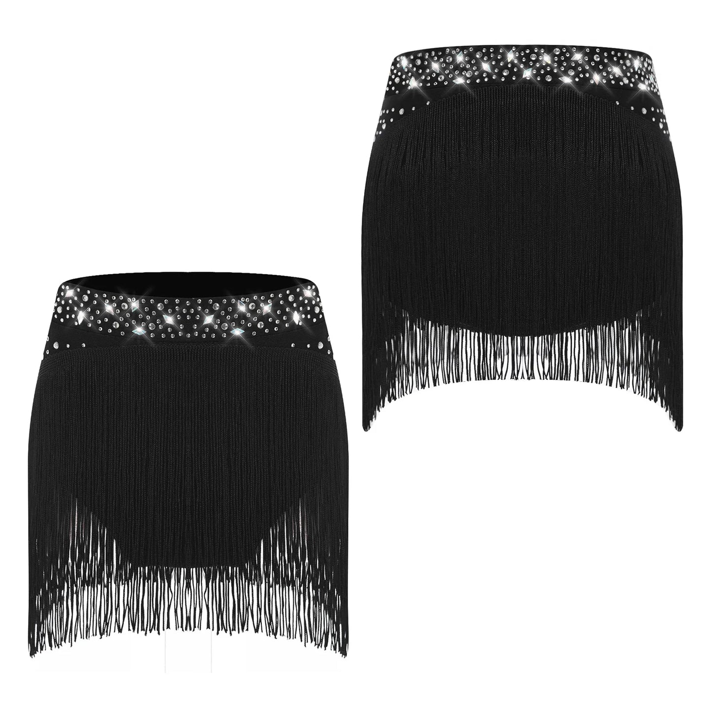 Girls Sparkly Sequins Latin Jazz Tango Dance Skirts Elastic Waistband Fringe Skirt with Safety Shorts Dance Performance Costumes