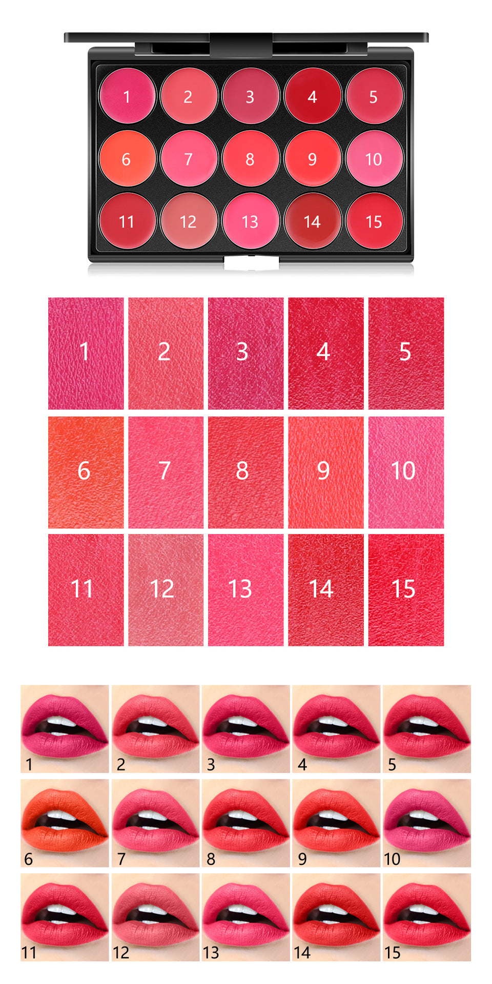 Miss Rose 15 Colours Long Lasting Lip Gloss Palette Makeup Waterproof Lipstick Cosmetic Lip Tools Set Pallete