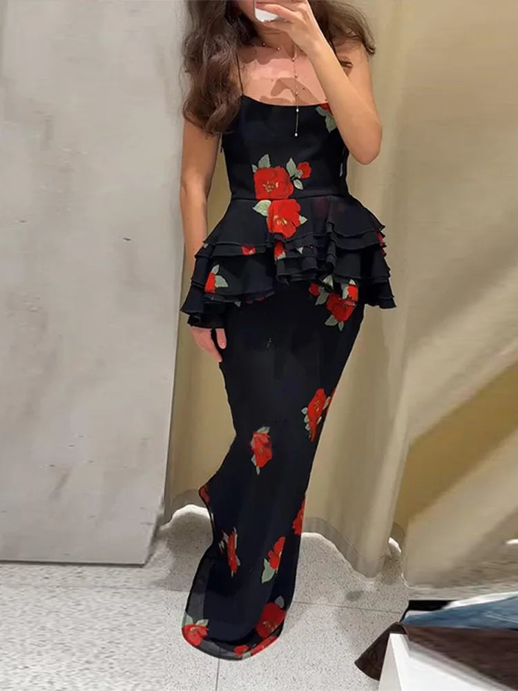 Summer 2-piece Suit Print Flower Mesh Slit Hip-covering Skirt Halter Top Suit Women's Fashion Causal Woman 2 Piece Set Outfit
