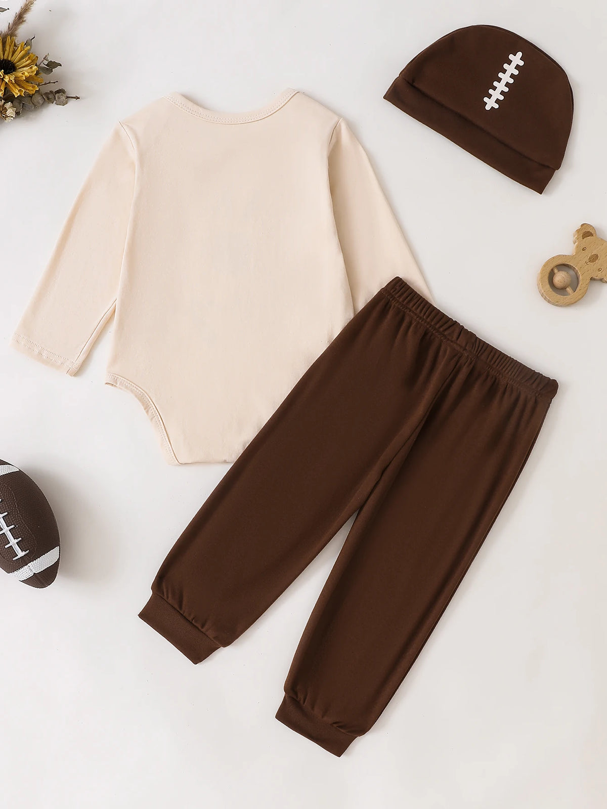 Autumn Winter Infant Boy 3Pcs Rugby Game Day Set Long Sleeve Bodysuit Jogger Pants Matching Hat Fit 0-18M