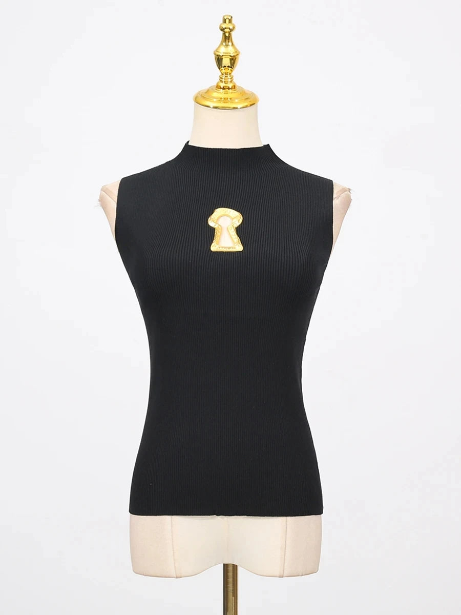 VGH American Casual Spliced Hollow Out Vest for Women Stand Collar Sleeveless Slimming Minimalist Tank Top Female Clothing New