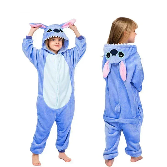 Stitch Pajama Children Cartoon Plush Kigurumi Onesies Winter Warm Clothes for Girls Christmas Gifts