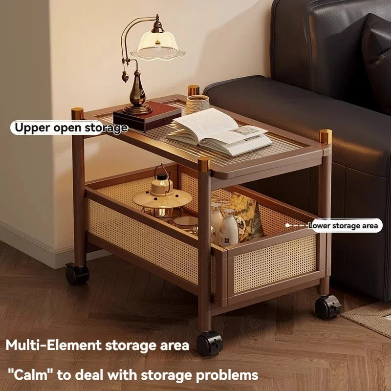 Sofa side table, movable coffee table, small cart, living room small table, bedside side cabinet with wheel storage rack