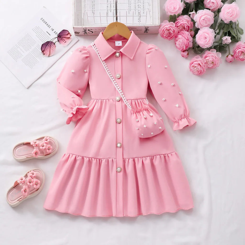【Free Bag】 Pink Kids Girl Dress Summer Autumn Cute Long Sleeve Children Dress Casual Fashion Elegant Girls Clothes 3 4 5 6 7 Yrs