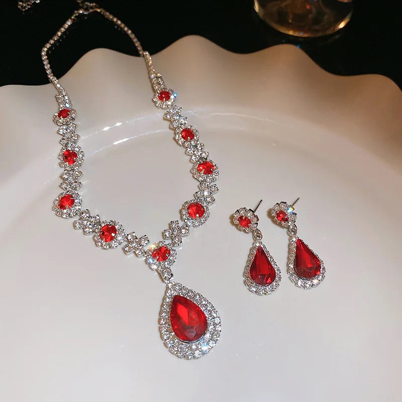 Large Water Drop Flower Necklace Earrings Set Shining Full Rhinestone Necklace For Women Bridal Wedding Party Jewelry Sets