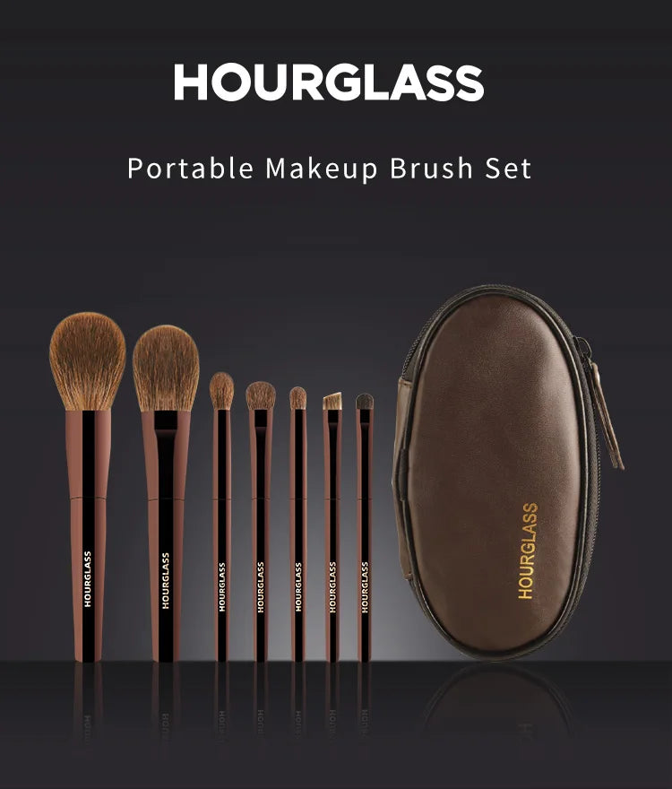 Hourglass Makeup Brush Set Mini Portable 7 Pcs, High Quality Soft Animal Hair Brush Include Eyeshadow,Blush,Powder Brush