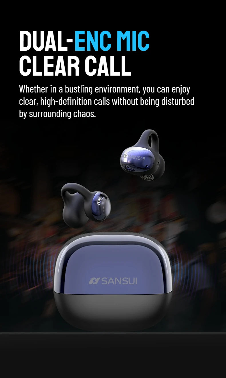 SANSUI W68 OWS Ear Clip Headphones Air Conduction Bluetooth 6.0 Earphones Dual ENC Clear Call TWS Wireless Earbuds with APP