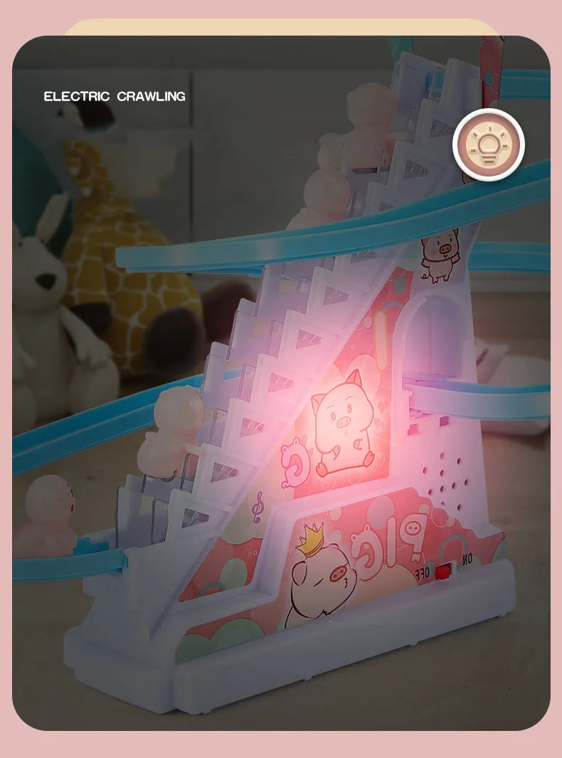 Electric Duck Track Rail Racing Slide Piggy Climbing Stairs Baby Toy LED Lights Musical Slide Roller Coaster Toys for Gift