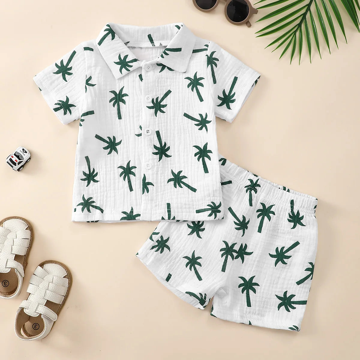 Baby Boy 2Pcs Summer Beach Set Palm Tree Print Short Sleeve Shirt Elastic Shorts Toddler Vacation Outfit