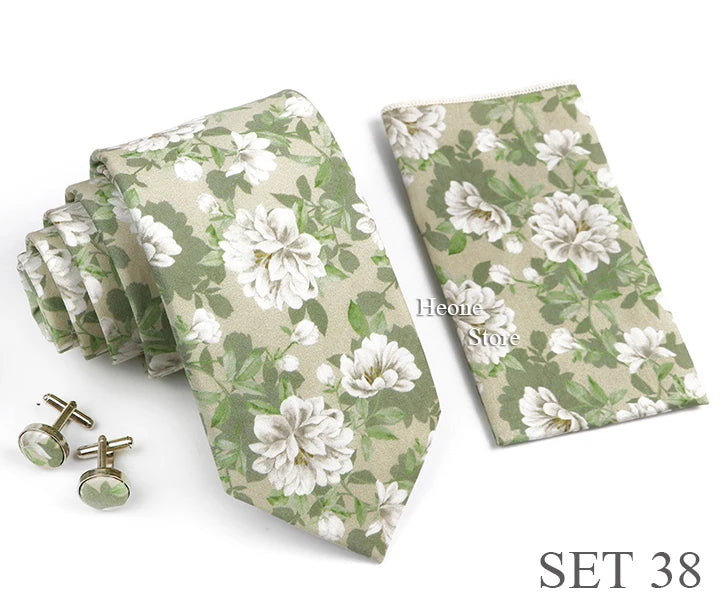 Hot Sell 3PC Chic Elegant Floral Tie Set Pocket Square Cufflinks For Men Women Wedding Party Dinner Suit Tuxedo Accessory Gift