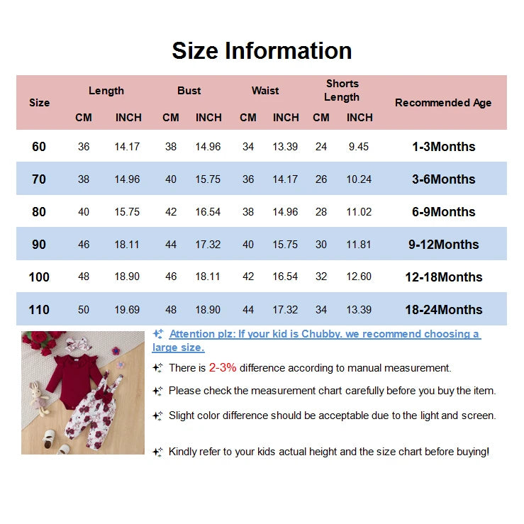 3PCS Clothes Outfits for 1-24Months Newborn&Toddler Baby Girl Long Sleeves Romper+Flower Strap Pants Cute Christmas Costume