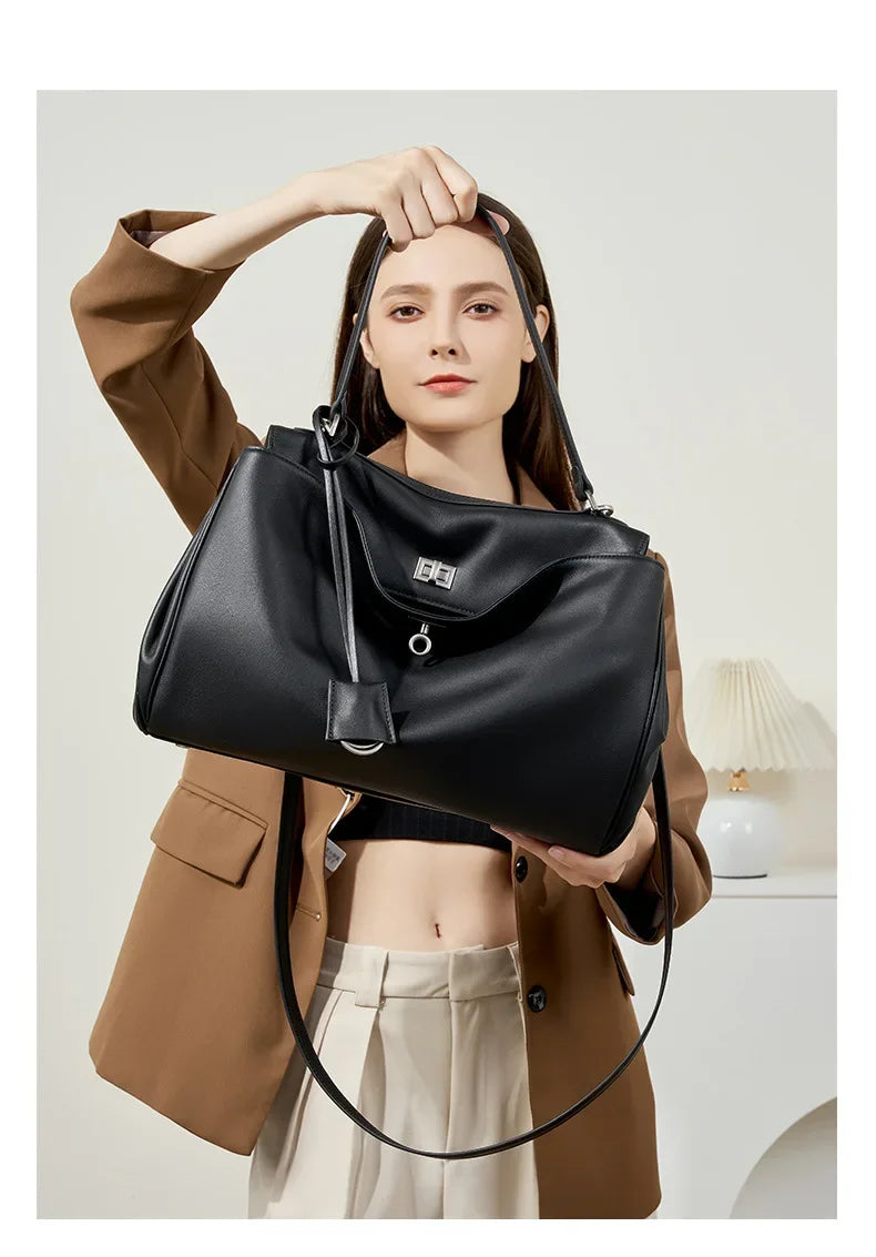 2025 New Luxury Tote Bag for Women Genuine Split Cow Leather Crossbody Shoulder Bag Top-Handle Work Lock Closure Underarm Purse