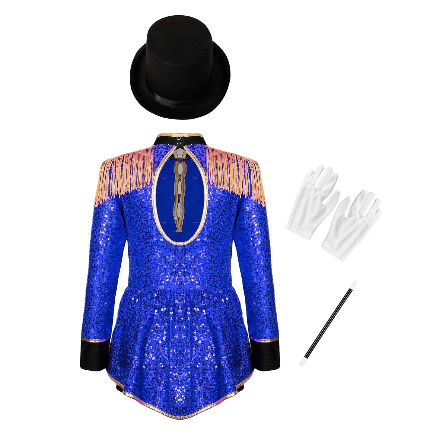 Kids Girls Circus Ringmaster Magician Drum Band Costume Sequins Bodysuit with Hat Gloves Wand Halloween Carnival Fancy Dress Up