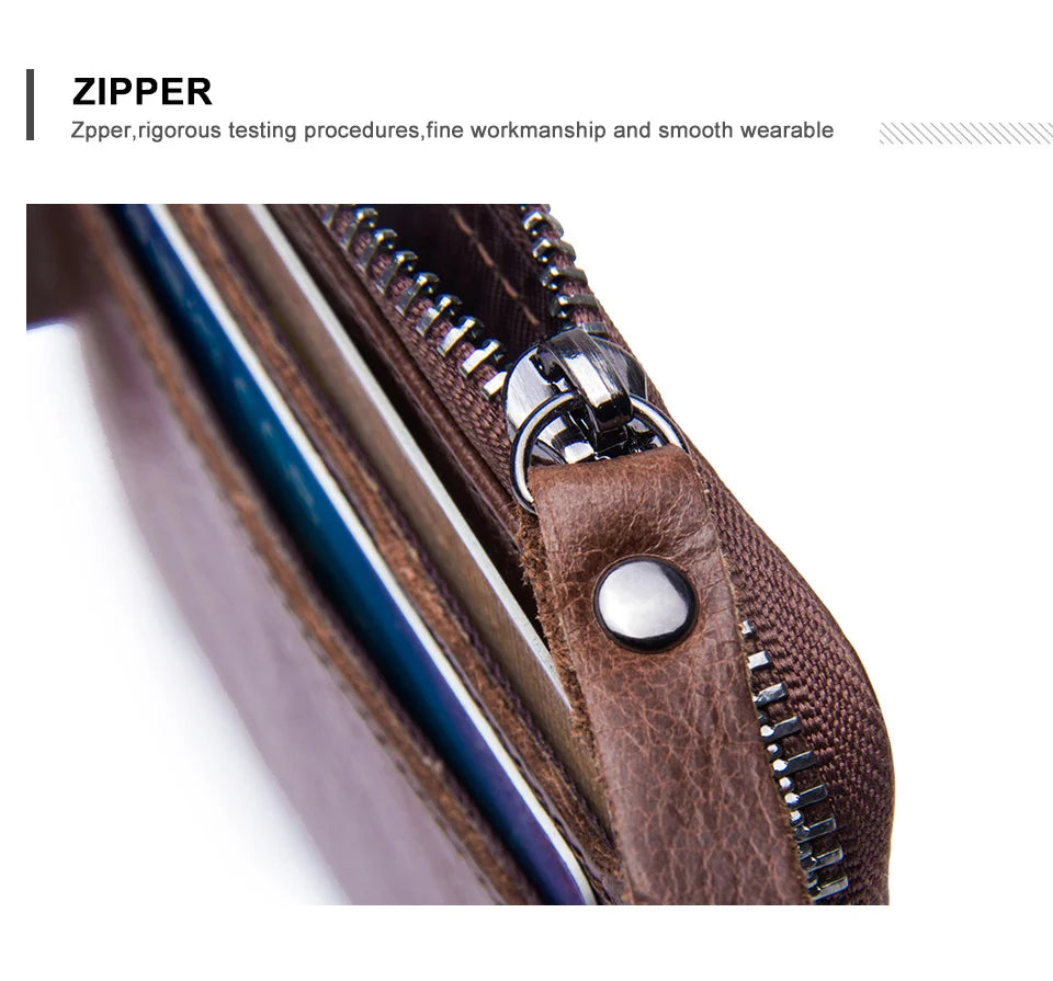 CONTACT'S Genuine Leather Men Wallet Vintage Trifold Hasp Wallet Zipper Coin Purse Card Holder Money Clip Men's Wallets