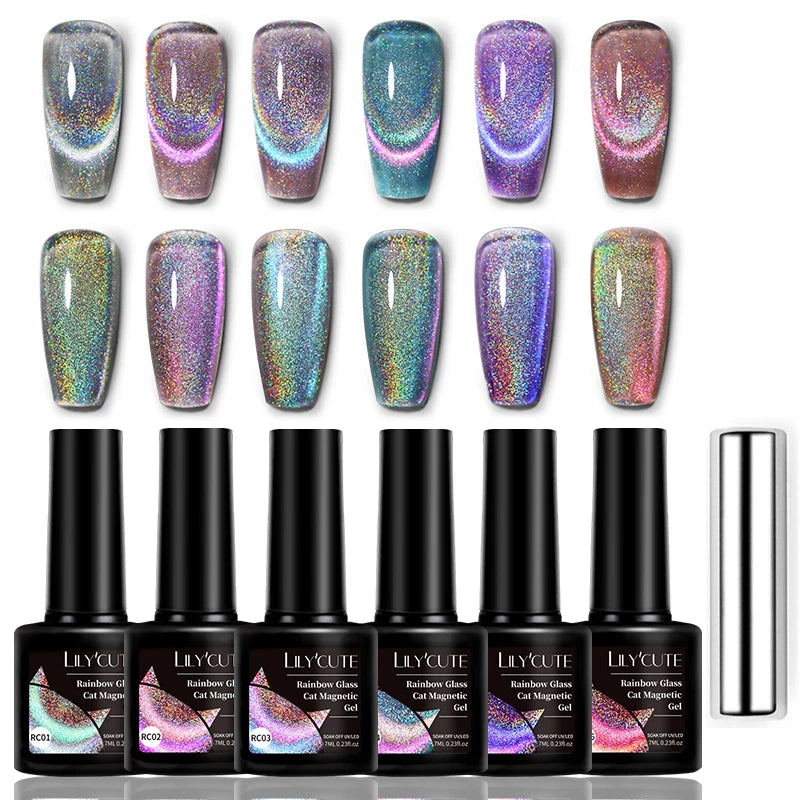 LILYCUTE 7Pcs/Set Cat Magnetic Gel Nail Polish Sparking Semi-Transparent Blue Purple Effect Soak Off UV Gel Varnish Nail Art Kit