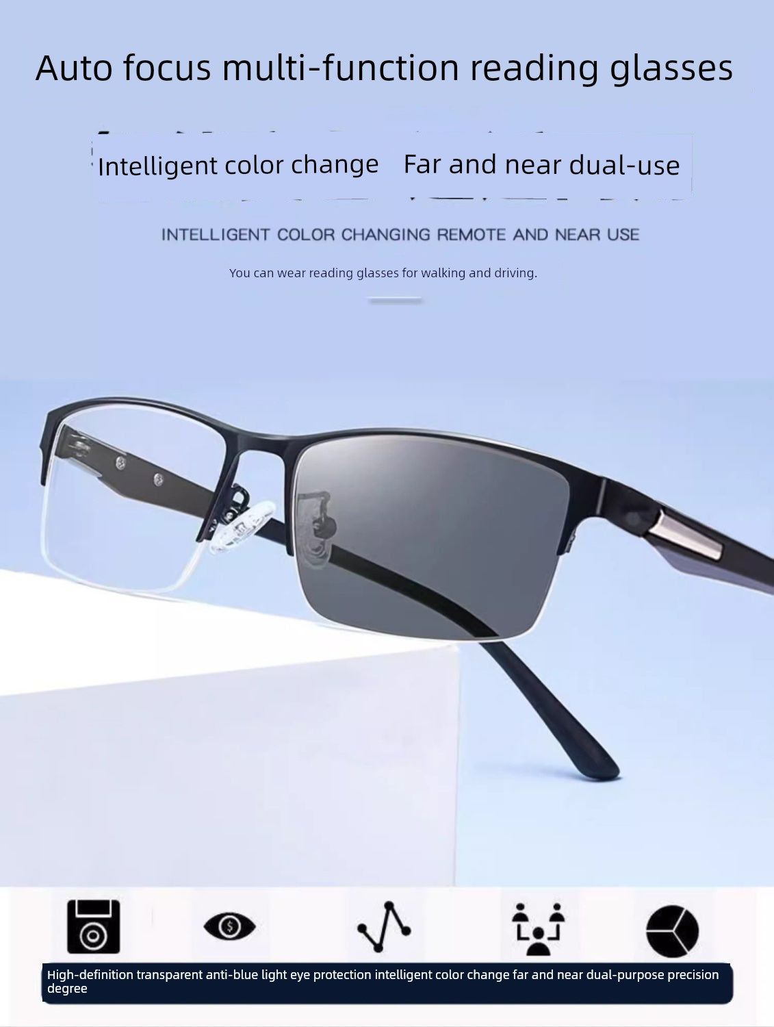 Reading Glasses Men's Smart Zoom Dual-Use Anti-Blue Light Anti-Fatigue Ultra Light Clear Middle-Aged and Elderly Brand Glasses Women