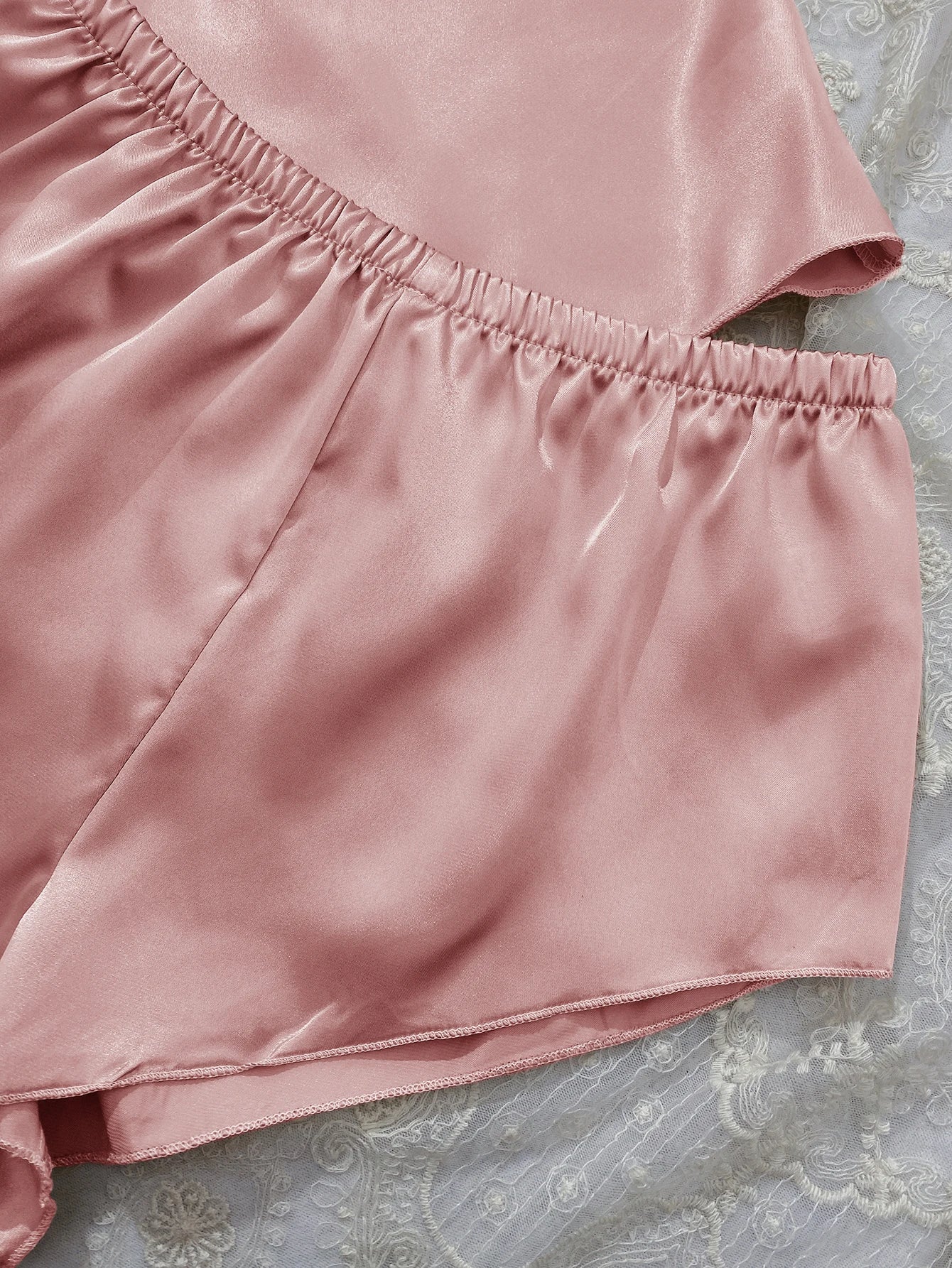 Solid Satin Pajama Set  V Neck Cami Top   Elastic Waistband Shorts Women's Sleepwear  Loungewear