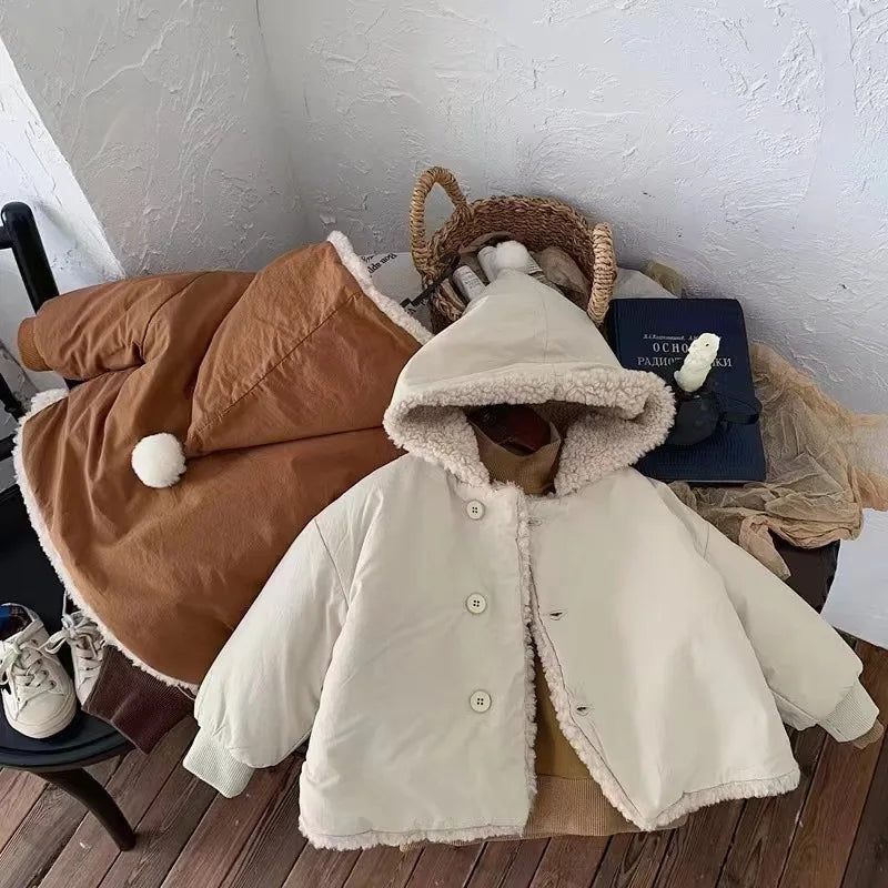 2025 Winter New Baby Warm Lamb Cashmere Hooded Coat Solid Versatile Boys Girls Padded Jacket Plus Velvet Thick Infant Clothes