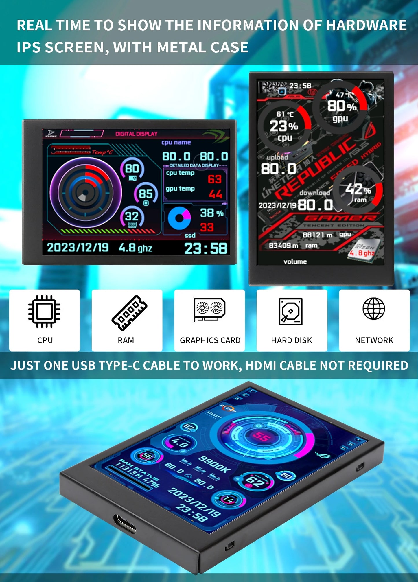 New 3.5 Inch IPS Type-C Secondary Screen Computer CPU GPU RAM HDD Monitor USB Type-C Display For Freely AIDA64 + Type-C Dock