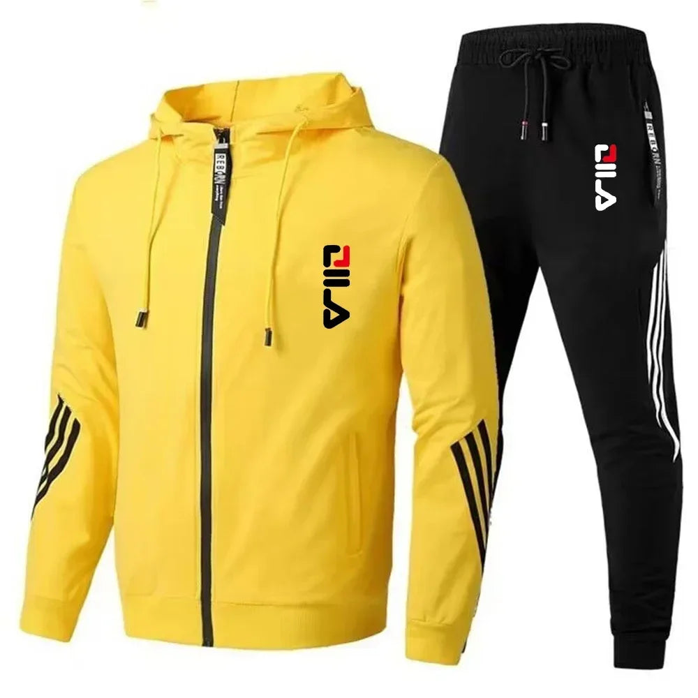 Spring and Autumn Fashion Men's fitness and sports set, featuring a hooded casual jacket and jogging pants in two pieces
