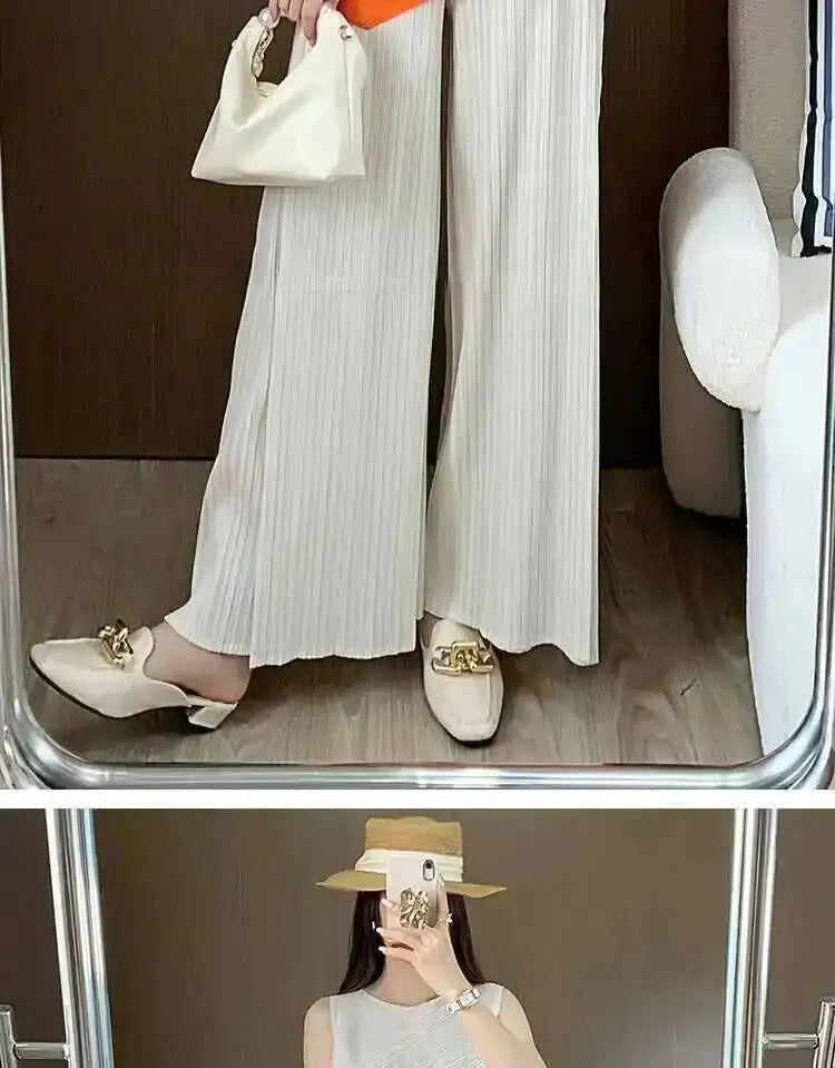 LANMREM patchwork design women's Pleated trousers elastic High Waisted Draped Straight Wide Leg Pants 2025 chic new 2DB3871