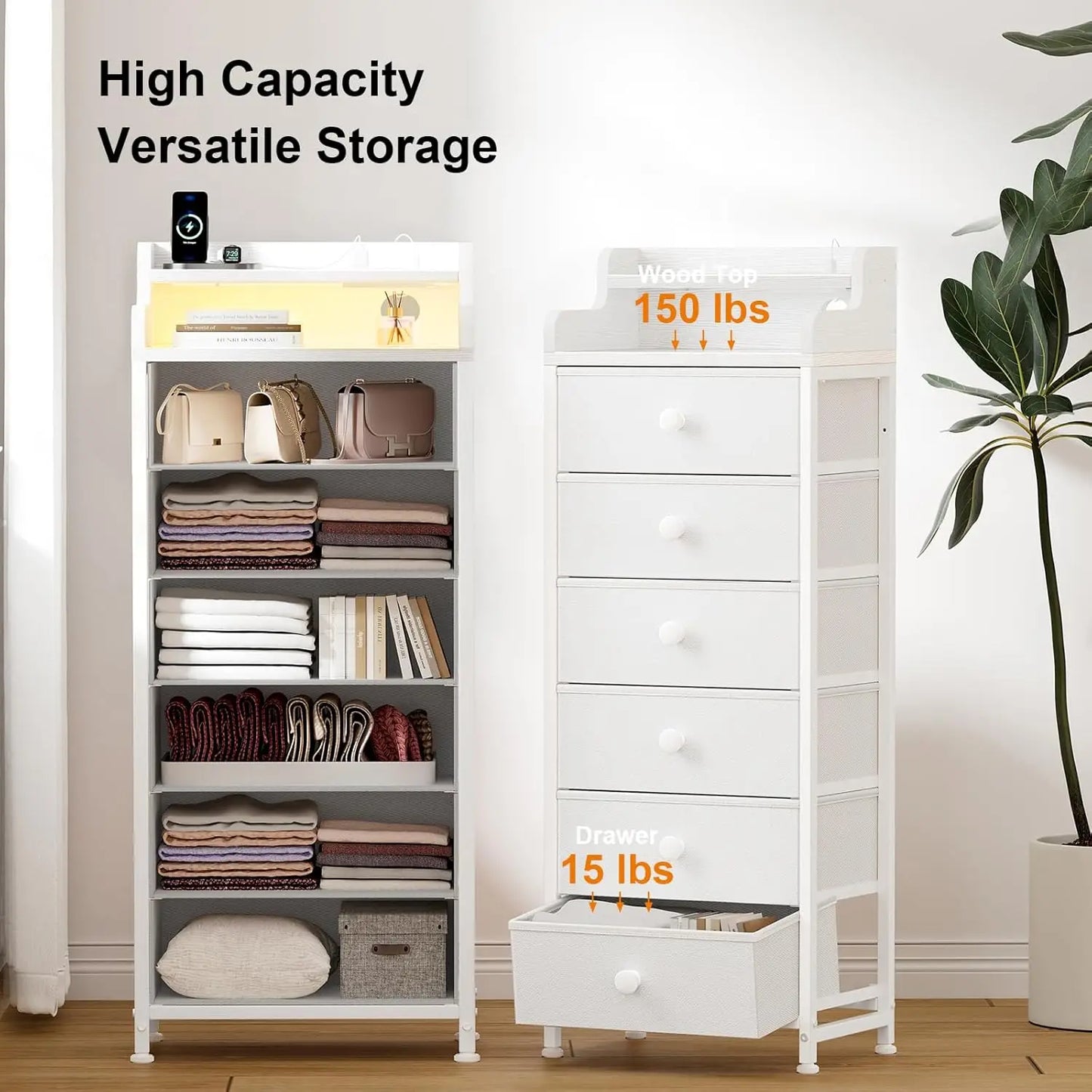 Dresser for Bedroom with Charging Station and LED Lights,6 Drawers Dresser White Chest of Drawers with Shelves, Tall Night Stand