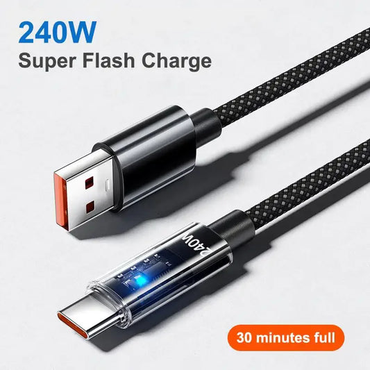 240W Quick Charging Cable Nylon Braided Cable USB To Type-C/Dual Type-C With LED Light High-speed Charge Wire Durable Data Cord