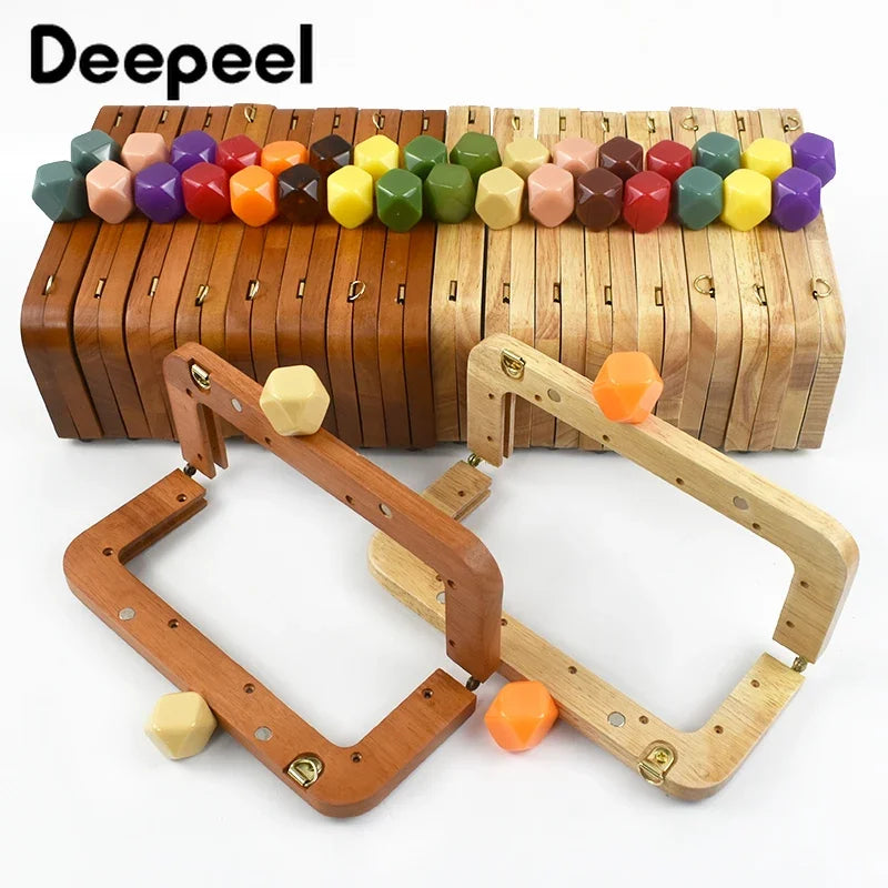 Deepeel 20cm Solid Wood Square Bag Handles Wooden Beads Kiss Clasp Locks Handbag Purse Frames Handle DIY Crafts Accessories