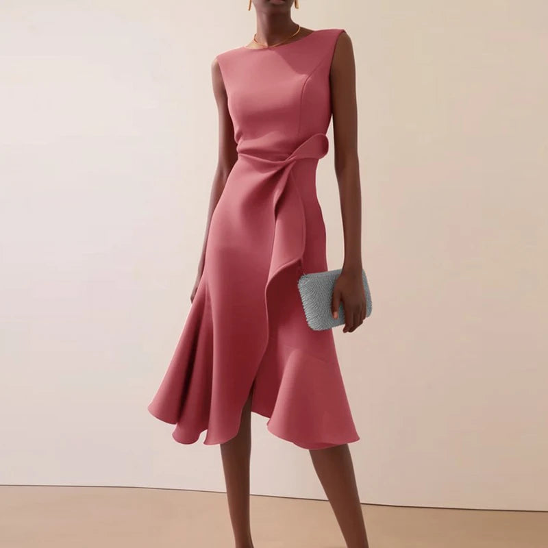 Sexy Women Elegant O Neck Solid Commute Knot Slim Ruffled Irregular Summer Sleeveless A-Line Hight Split Wedding Party Dresses