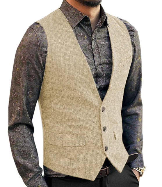 Deep V-Neck Suit Vests  Classical Formal  Business Herringbone  Wood Waistcoat Slim Fit Men's Vest For Wedding