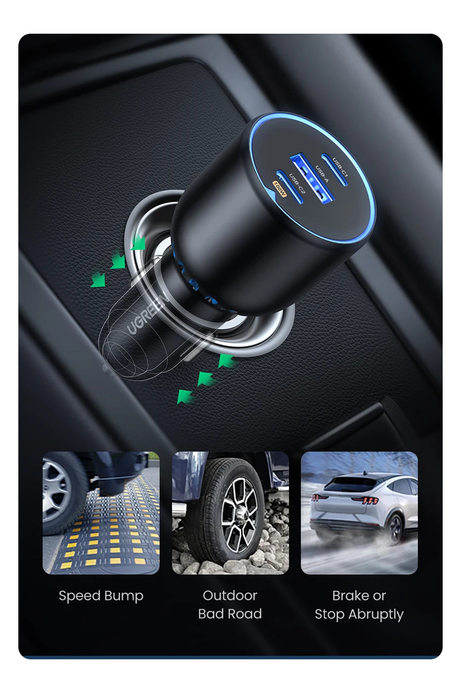UGREEN 130W Car Charger Quick Charging PD3.0 Fast USB Type C Car Phone Charge For iPhone 14 13 Pro Max Laptops Tabet